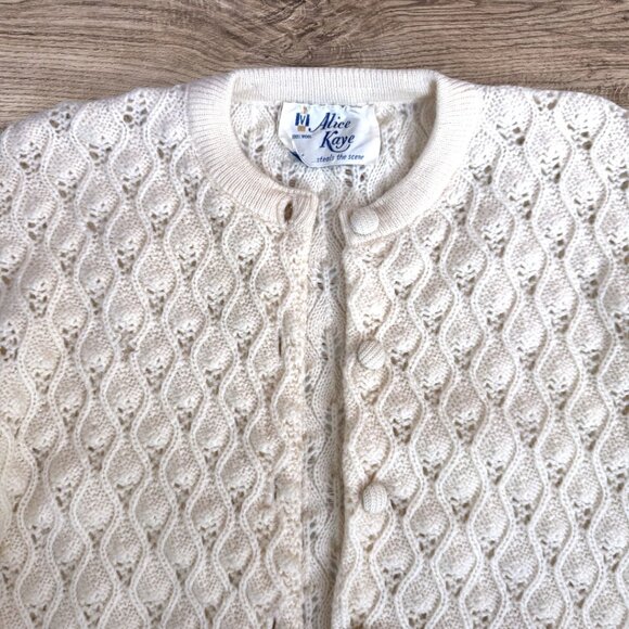 ALICE KAYE Vintage 60s/70s Cream 100% Wool Knit Cardigan Sweater - Picture 2 of 4